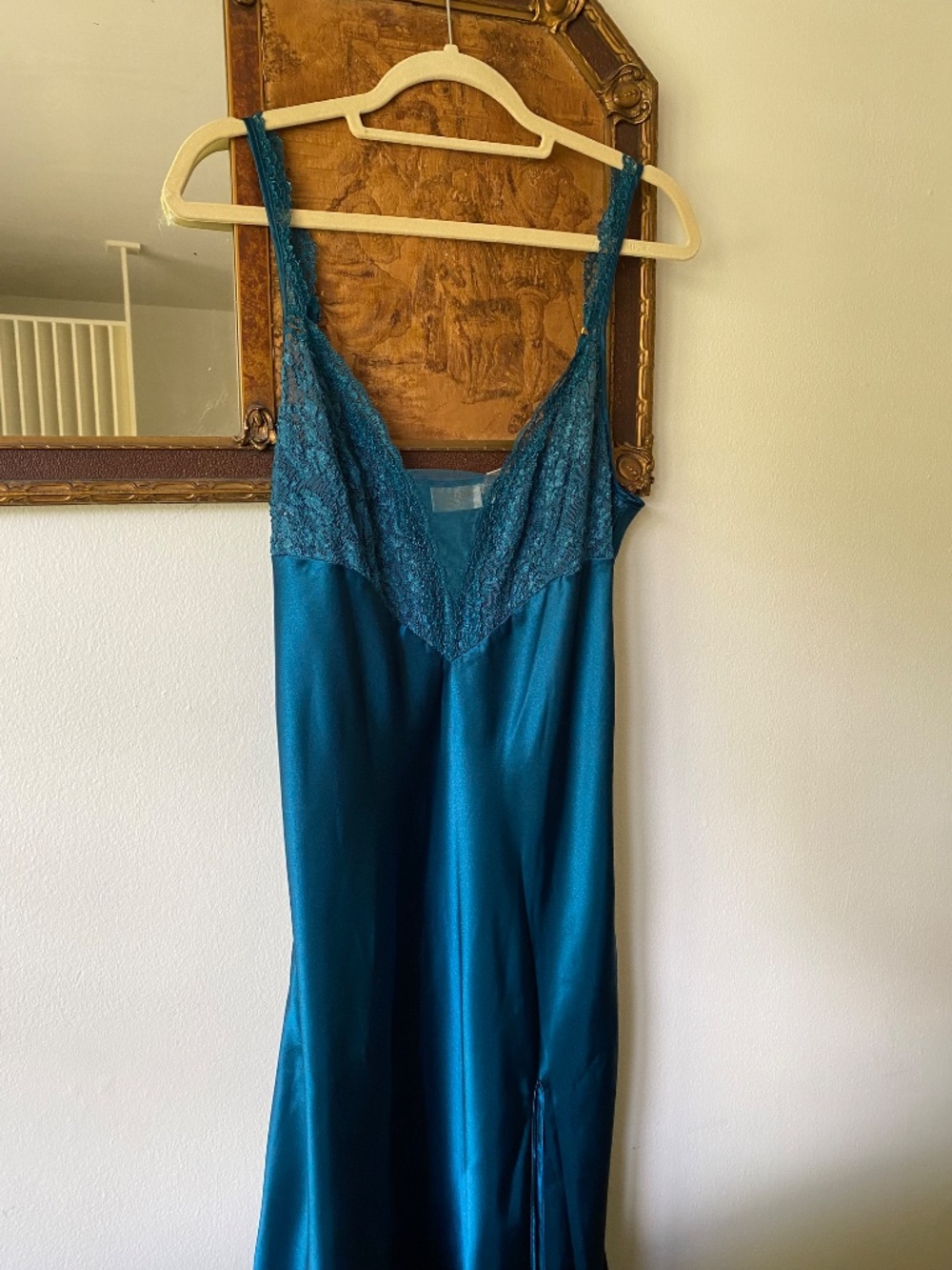 Vintage 1990s Victoria's Secret Gold Label Teal Blue Lace Maxi Slip Large Lace